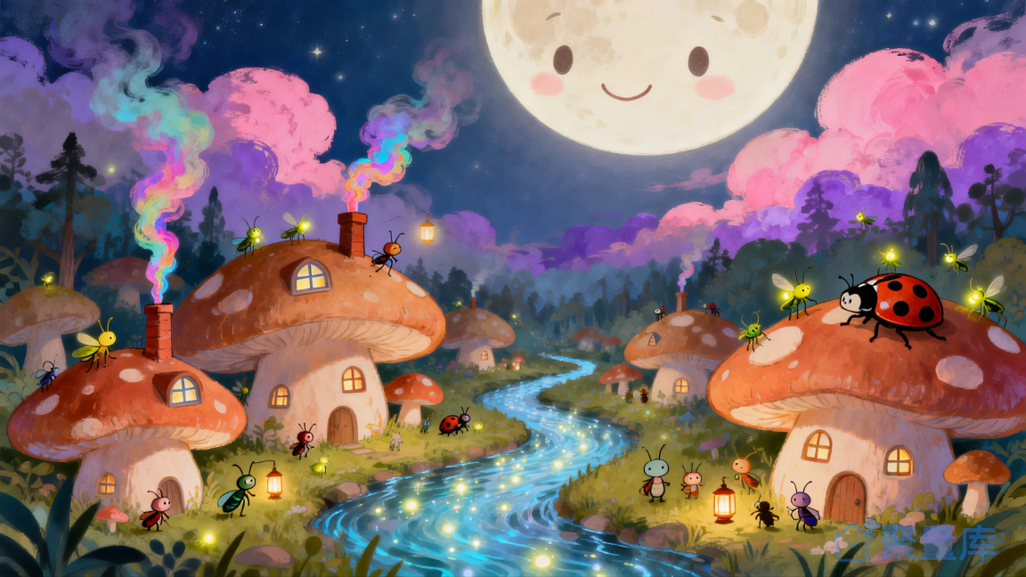 童话夜景中的蘑菇村庄与发光昆虫