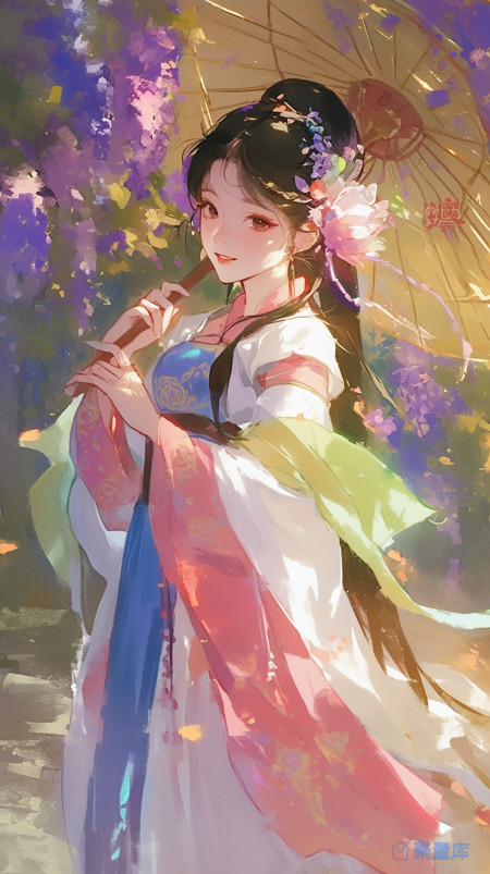 唯美油画少女拿伞的女孩明媚的少女