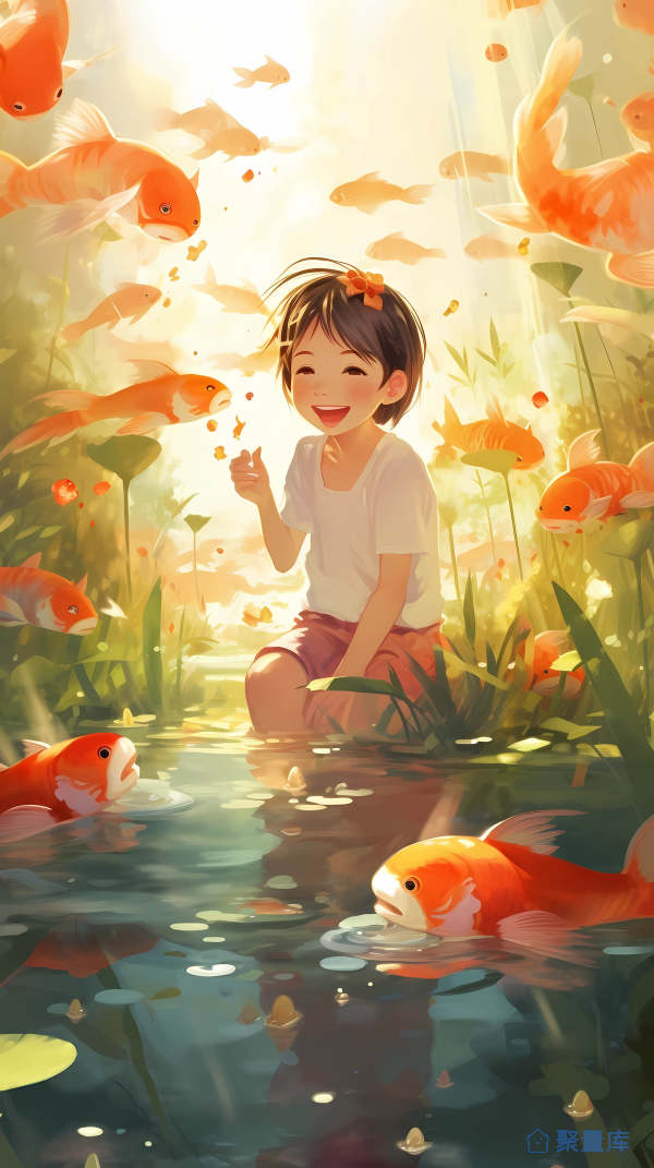 金鱼少年卡通插画装饰画