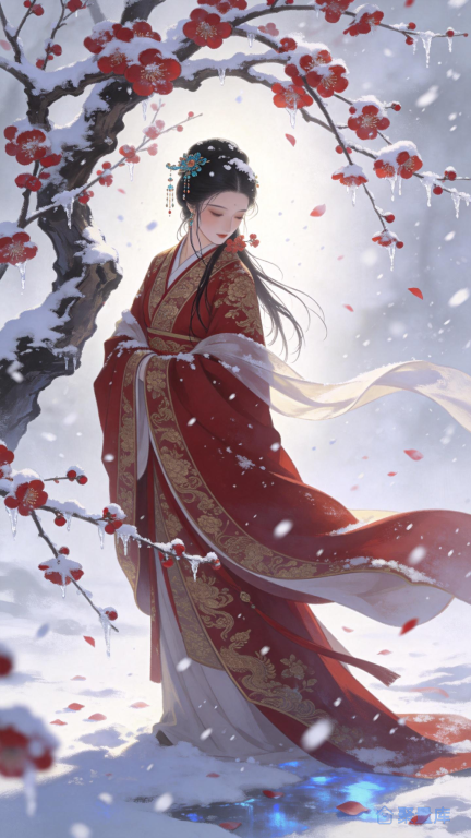 雪中红梅下的华服贵妇：飞雪与花瓣的凄美邂逅a