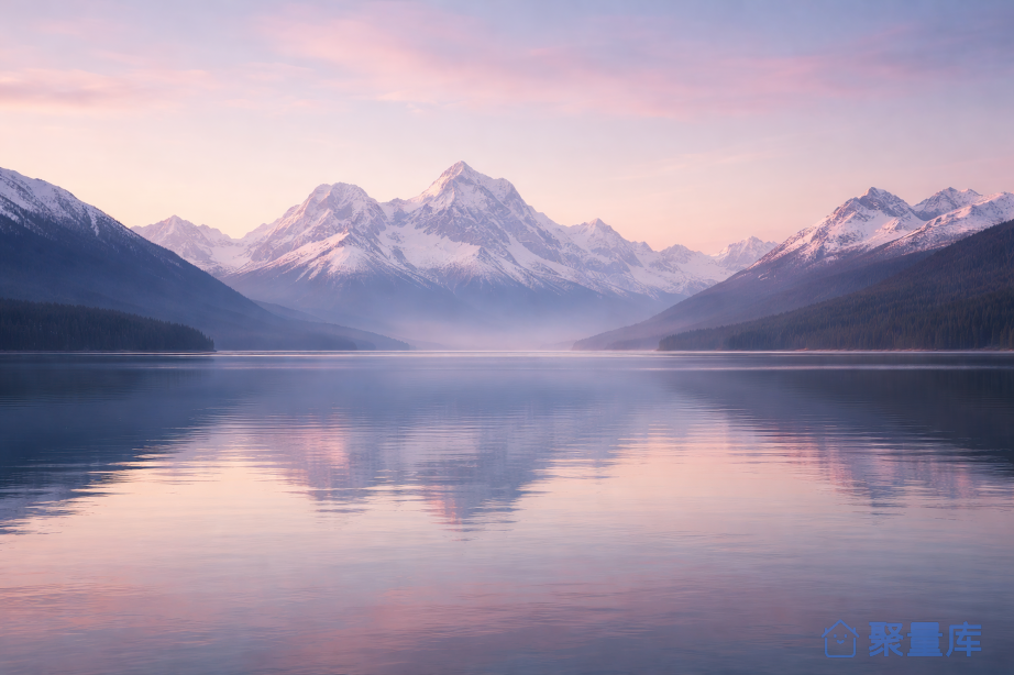晨曦中雪山倒映平静湖面