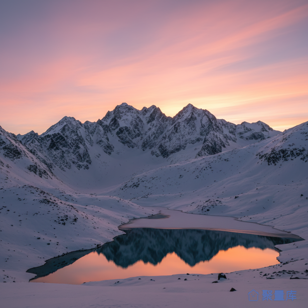 雪山湖映夕阳雪景