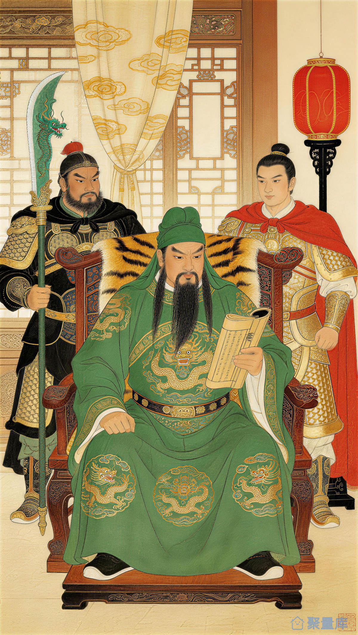 关公夜读春秋 传统工笔忠义财神年画