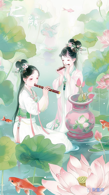 吹笛子的古风女孩荷花水池花瓶