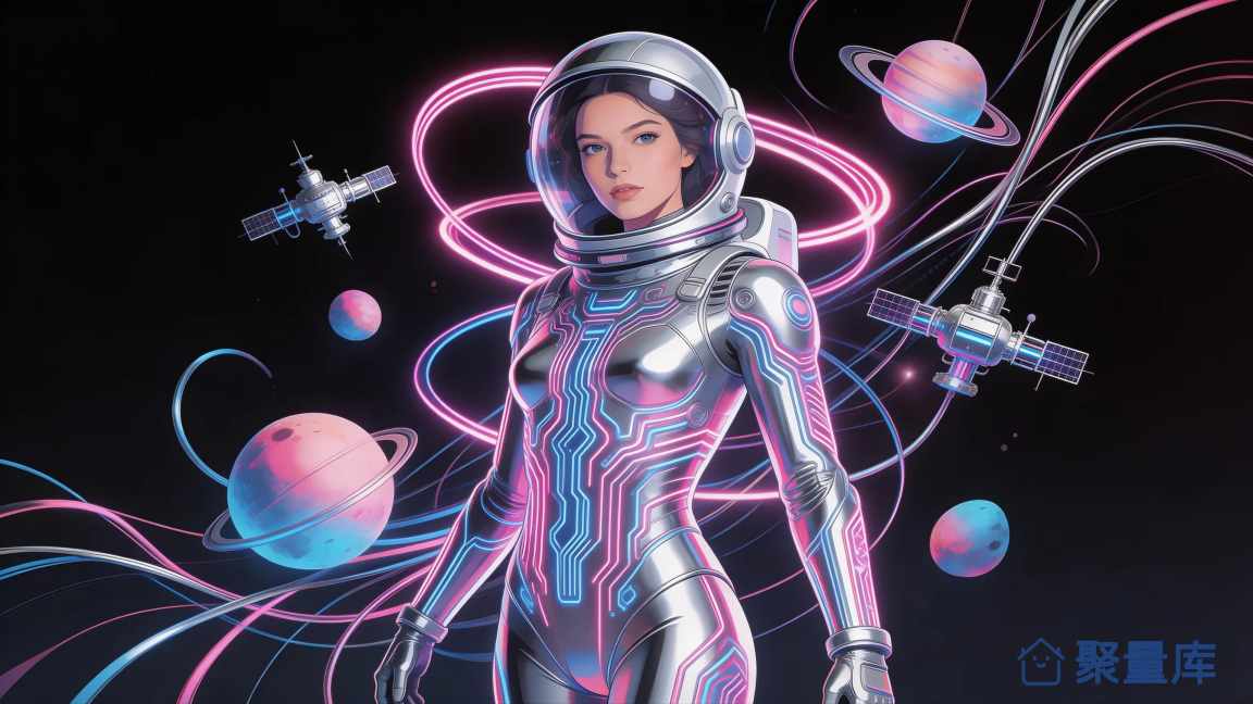 霓虹科幻太空女宇航员插画