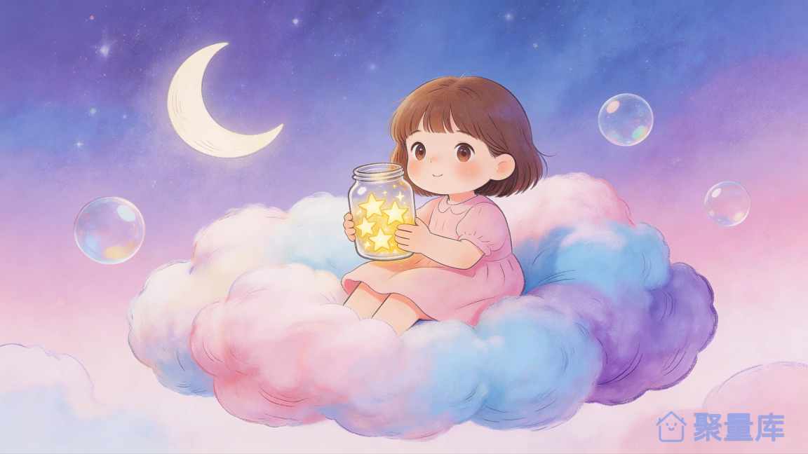 小女孩坐在云朵上手持星星罐的梦幻插画