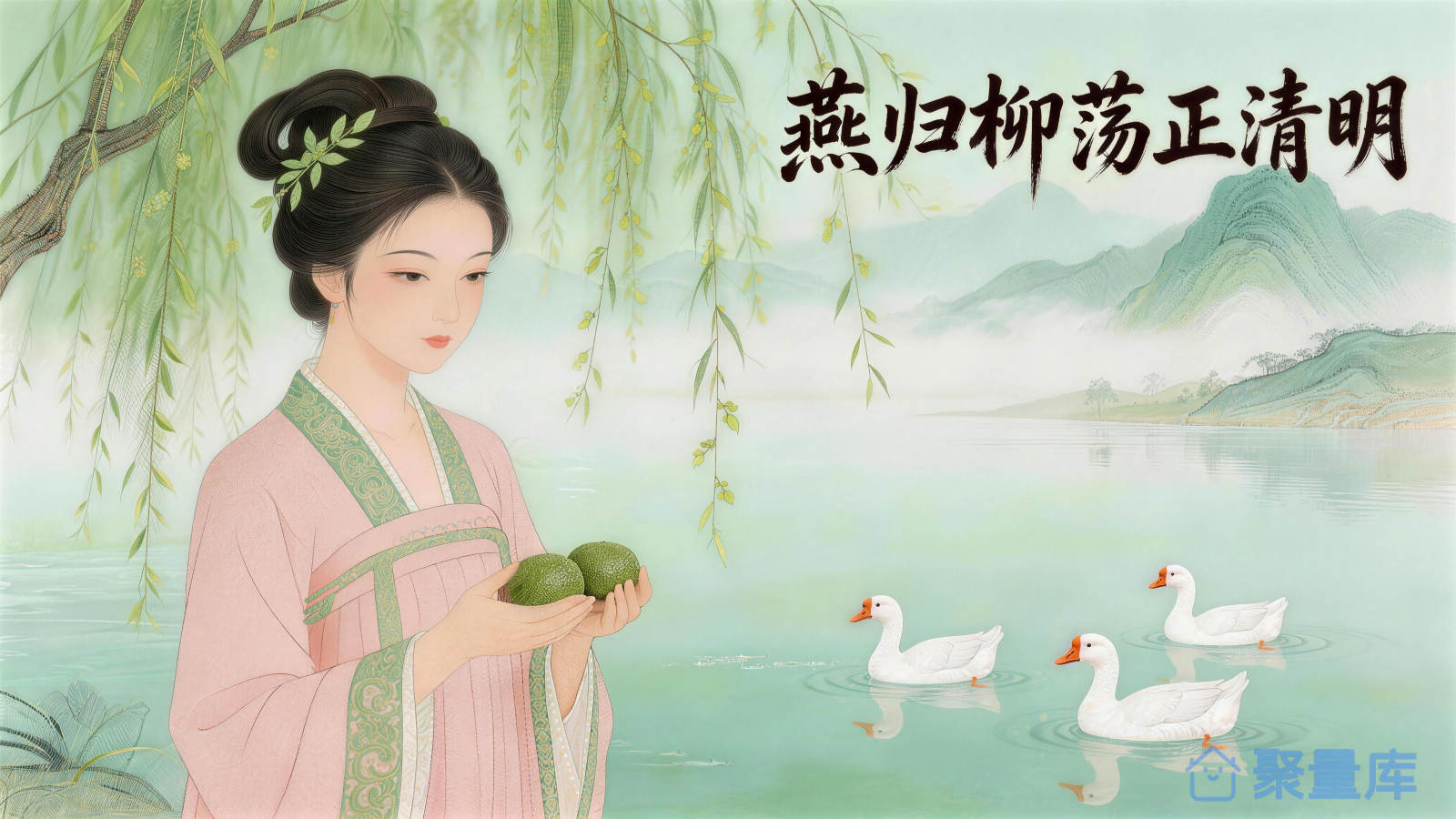 燕归柳荡正清明｜工笔国风清明踏青插画｜青团女子商用素材