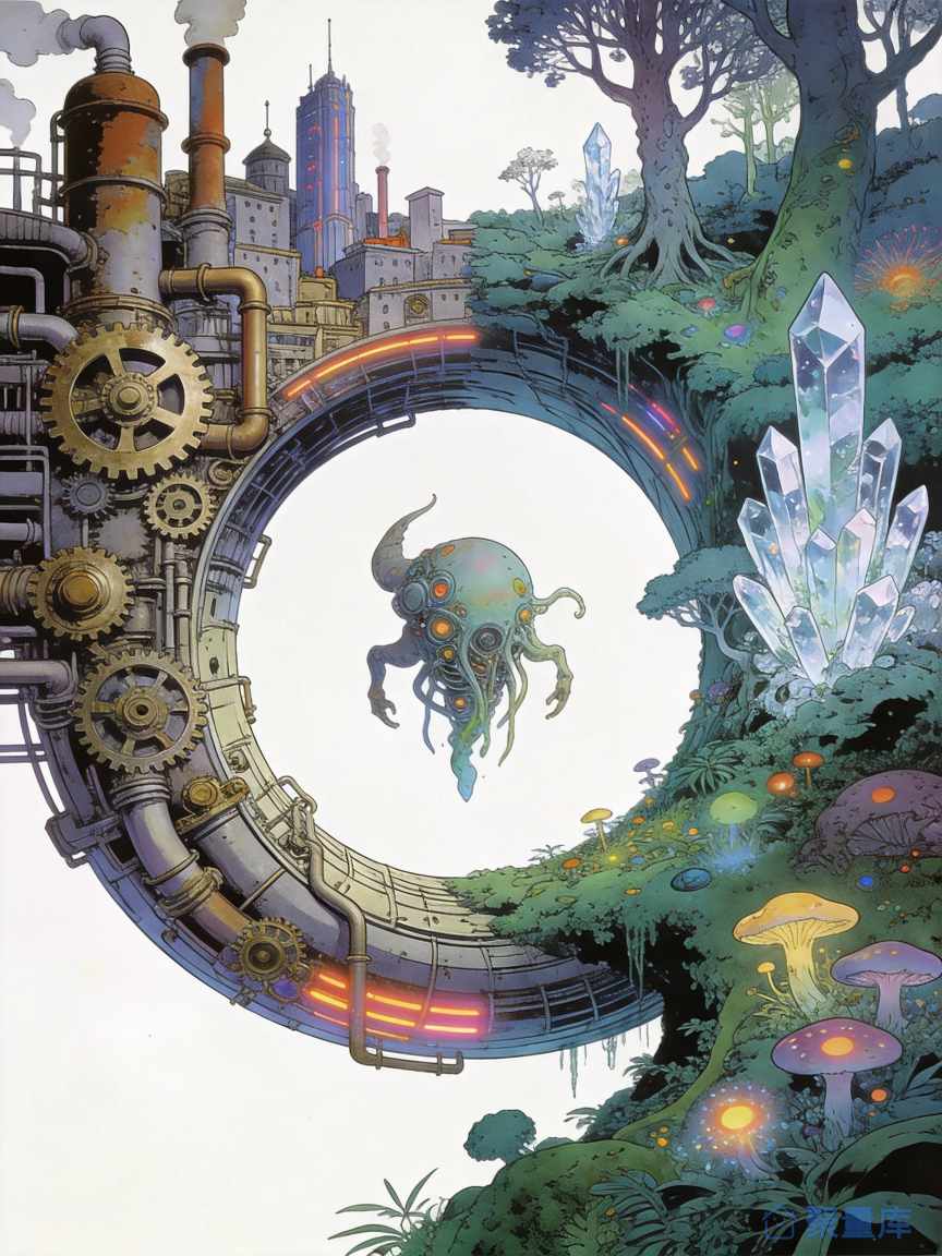蒸汽朋克与奇幻森林交汇的科幻插画