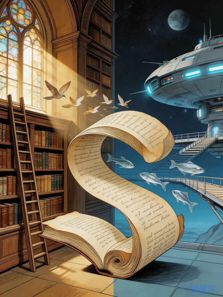 奇幻图书馆与星际飞船的超现实融合插画