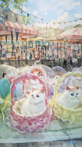 水彩风治愈系猫咪集市萌宠插画
