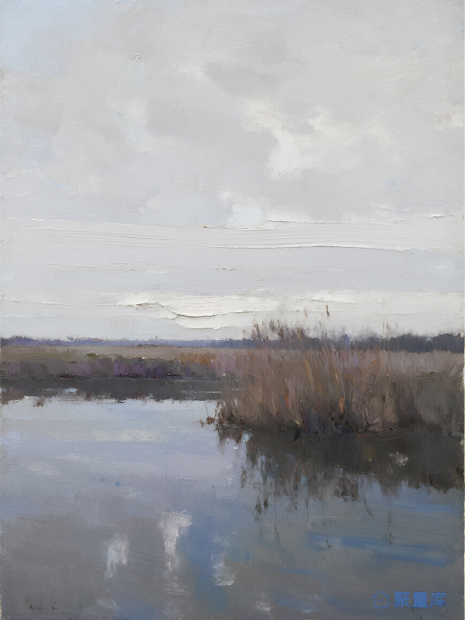 湖边风景宁静油画