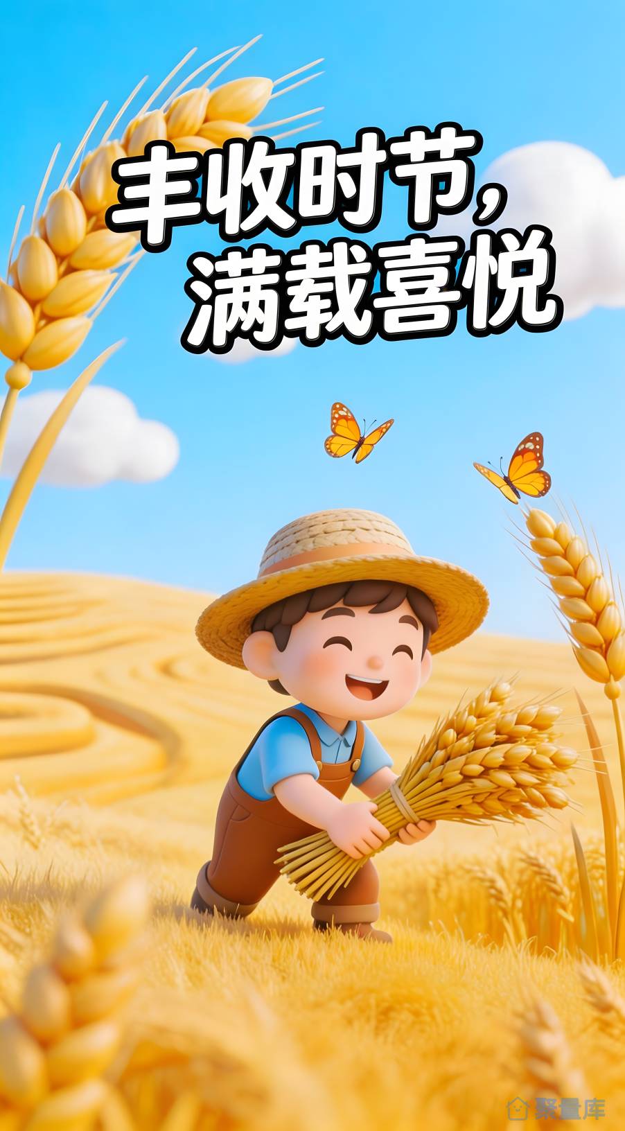 丰收麦田里怀抱麦穗的快乐海报