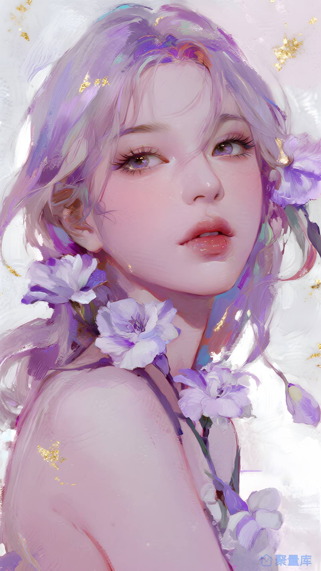 半身紫色花卉美女特写