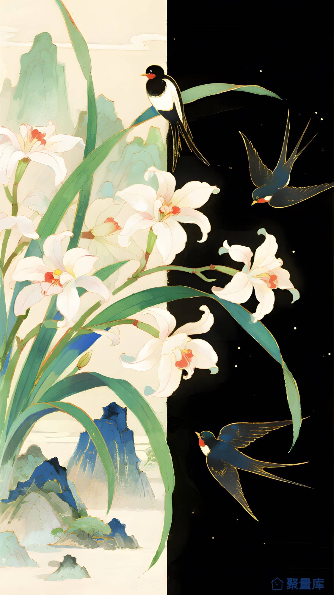 国潮插画 水彩百合