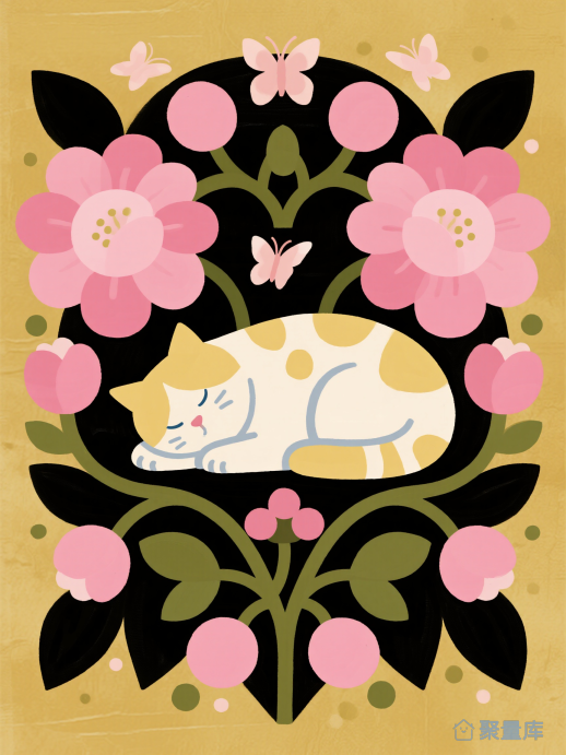 粉色花橘猫睡觉装饰风插画
