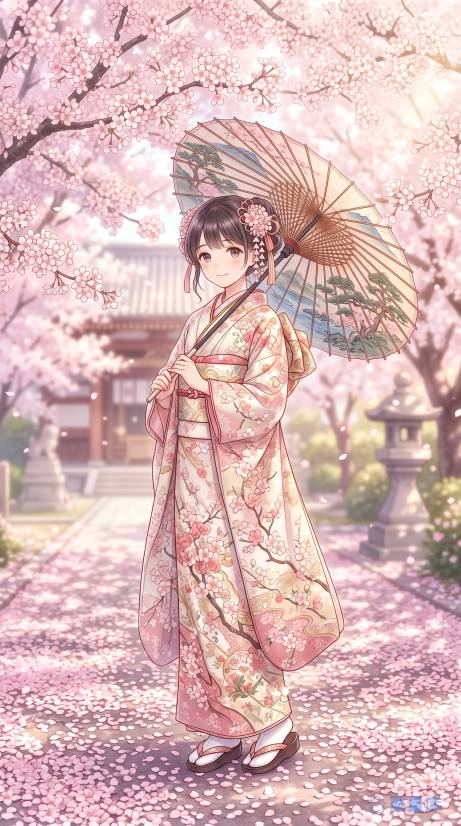 樱花树下的和服少女