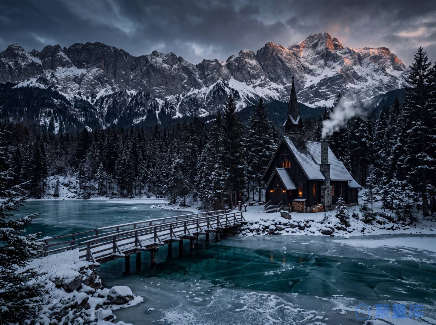 冷峻氛围雪山木屋教堂雪景