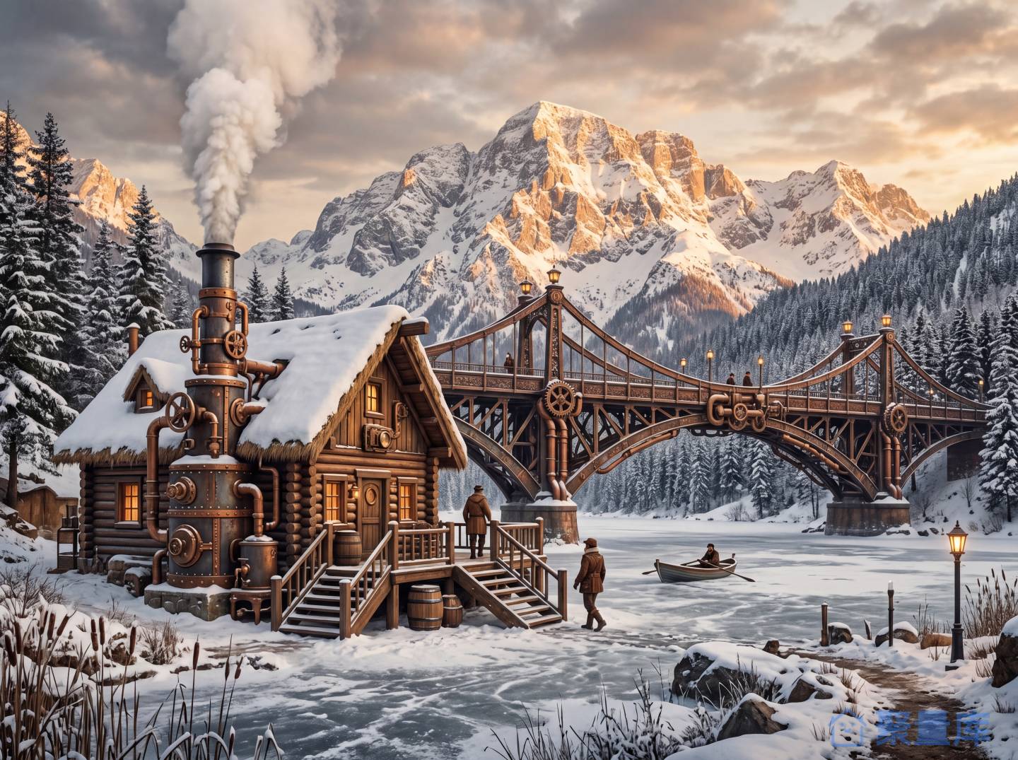 蒸汽朋克风冬日雪山木屋雪景插画