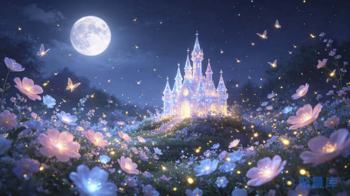 月夜花海梦幻城堡童话插画