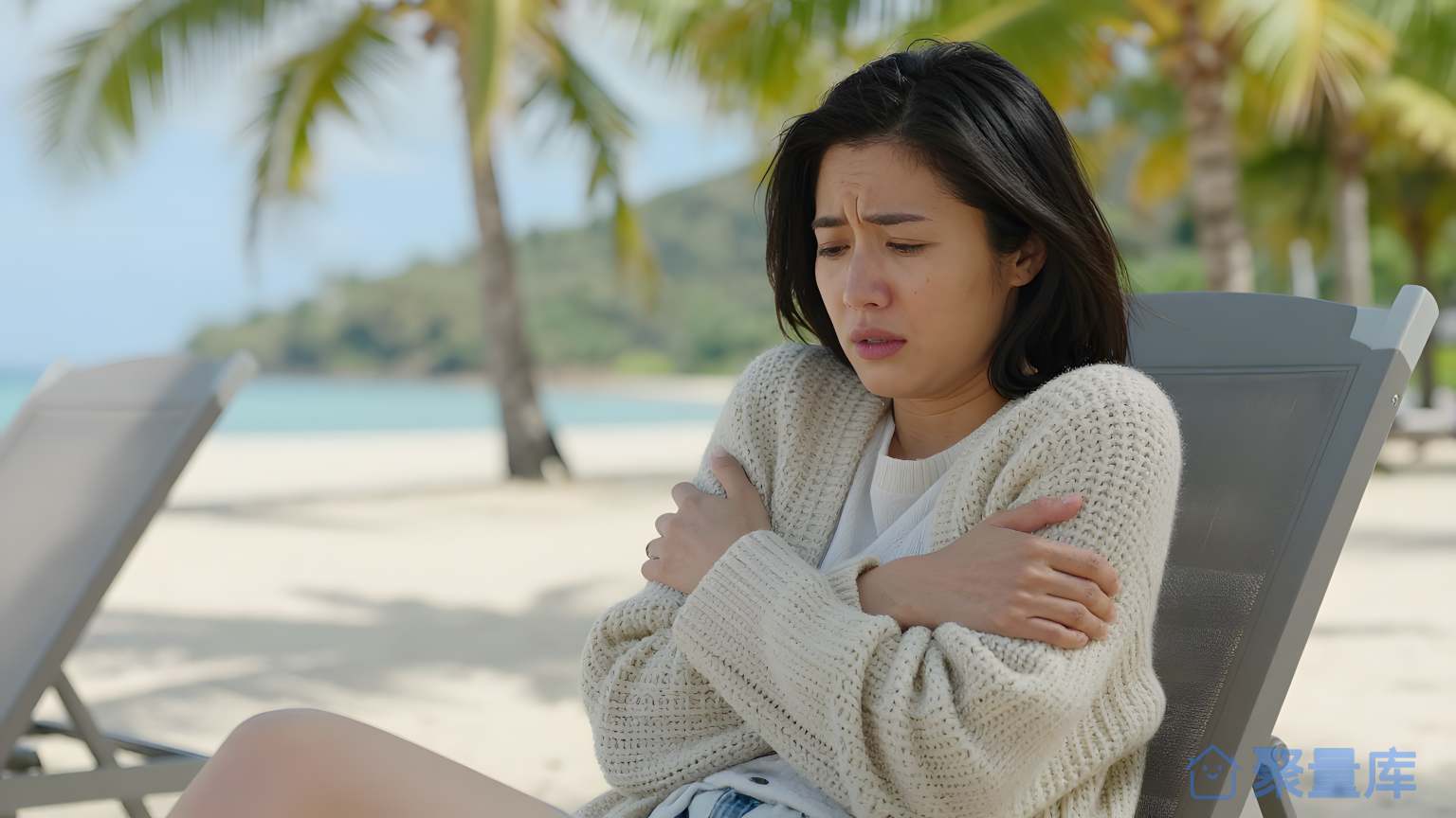 女性在海边紧闭合胸口