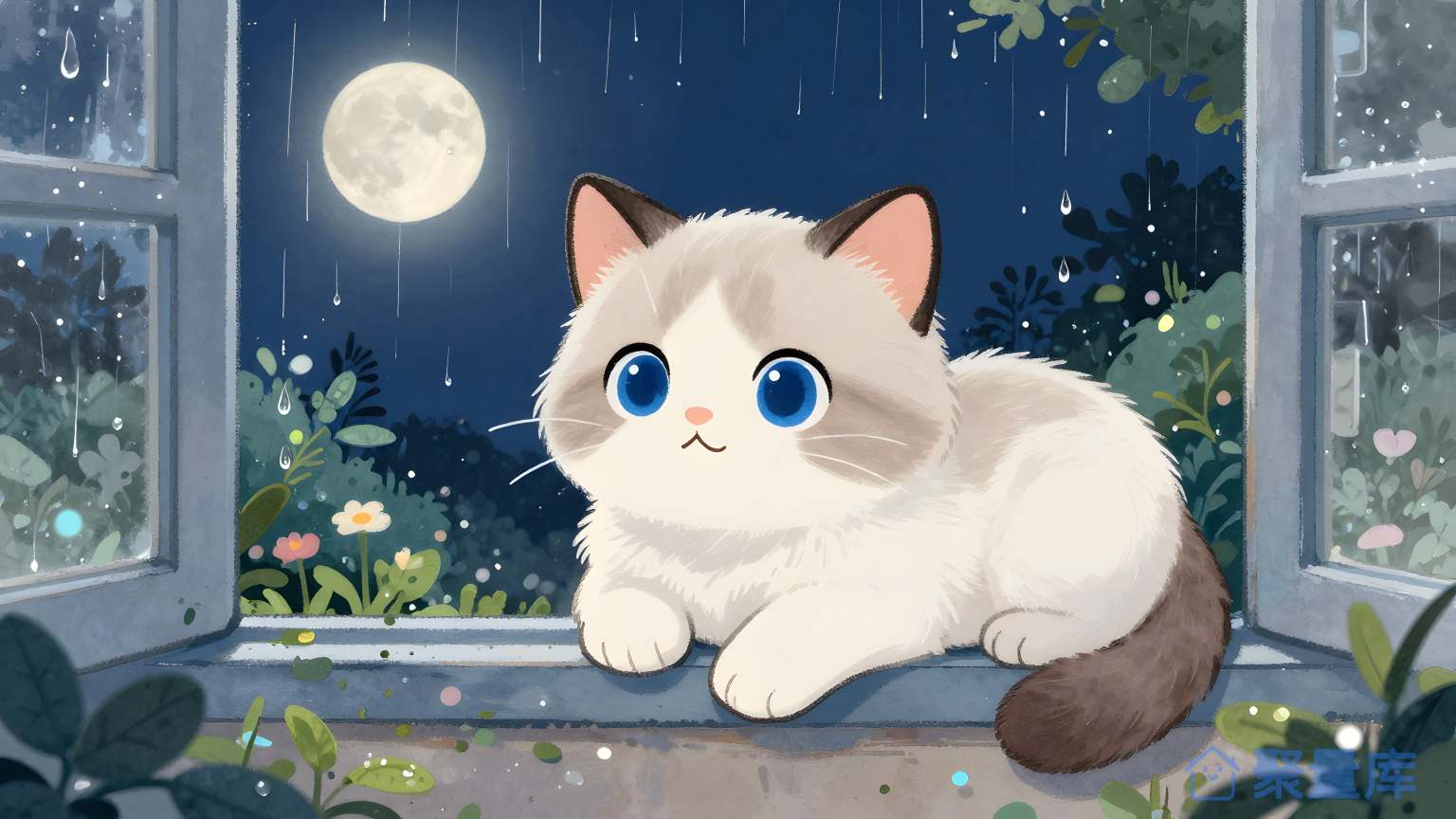 猫在窗口前看月亮