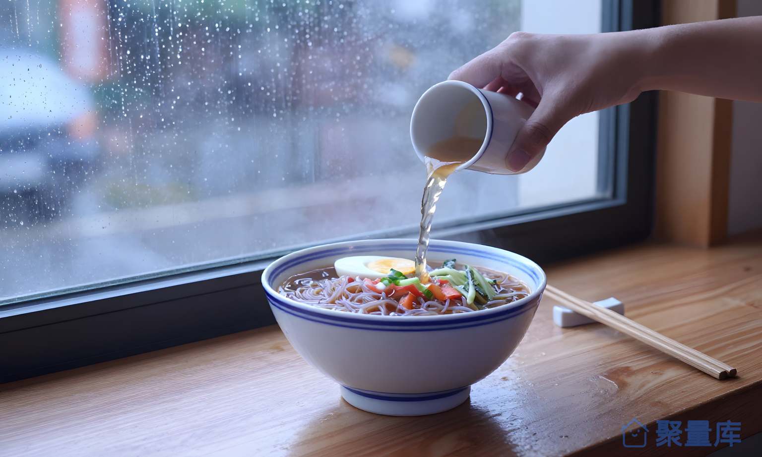 手握盐酱淋入杯子里的汤
