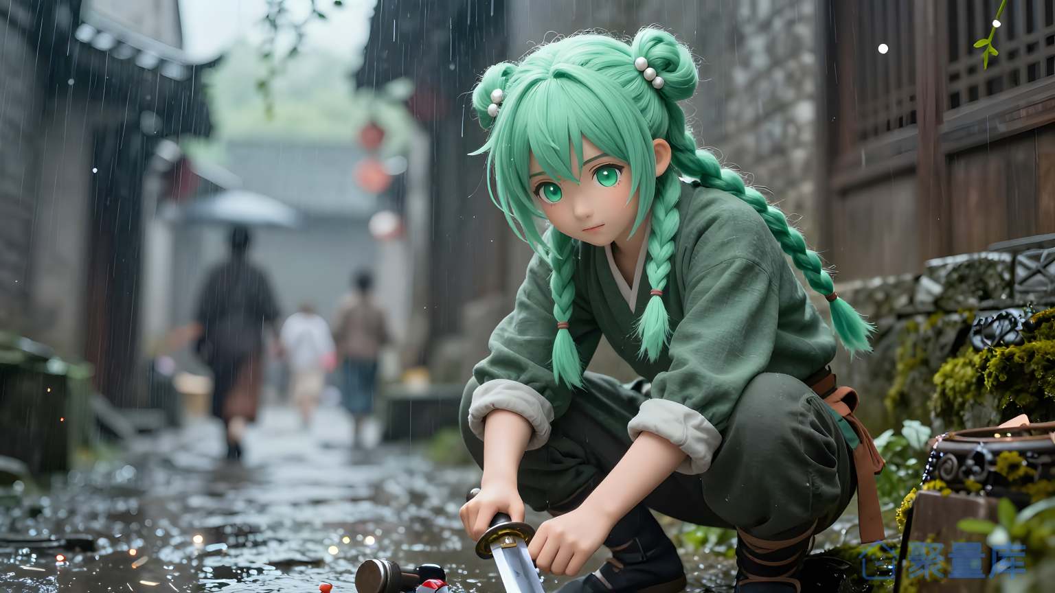 绿色女子在雨下