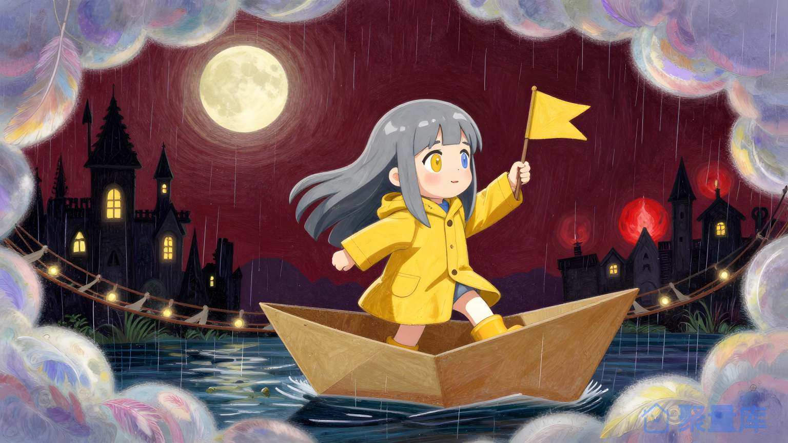 小女孩在雨天乘坐船
