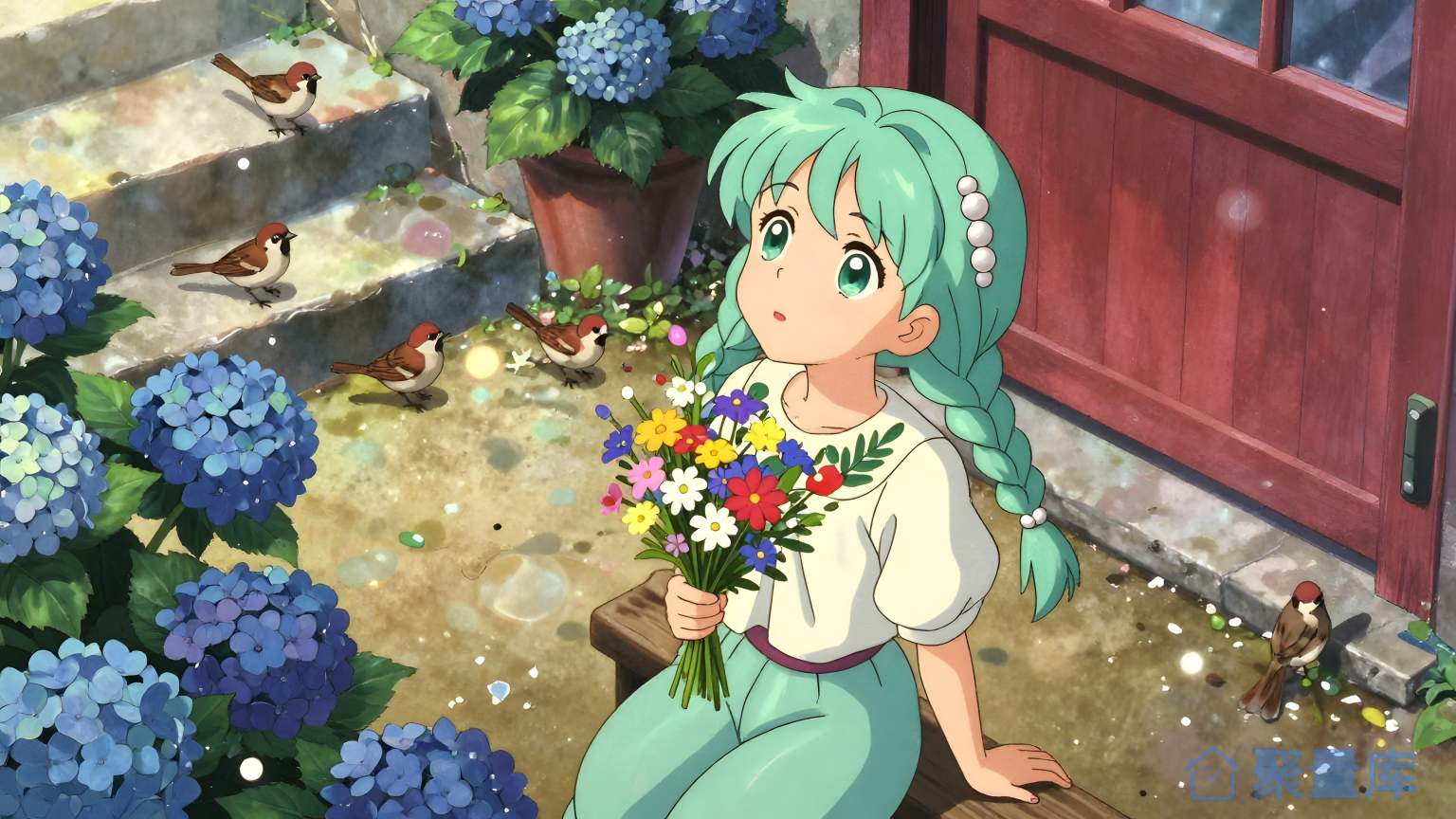 美少女在花园里看着花