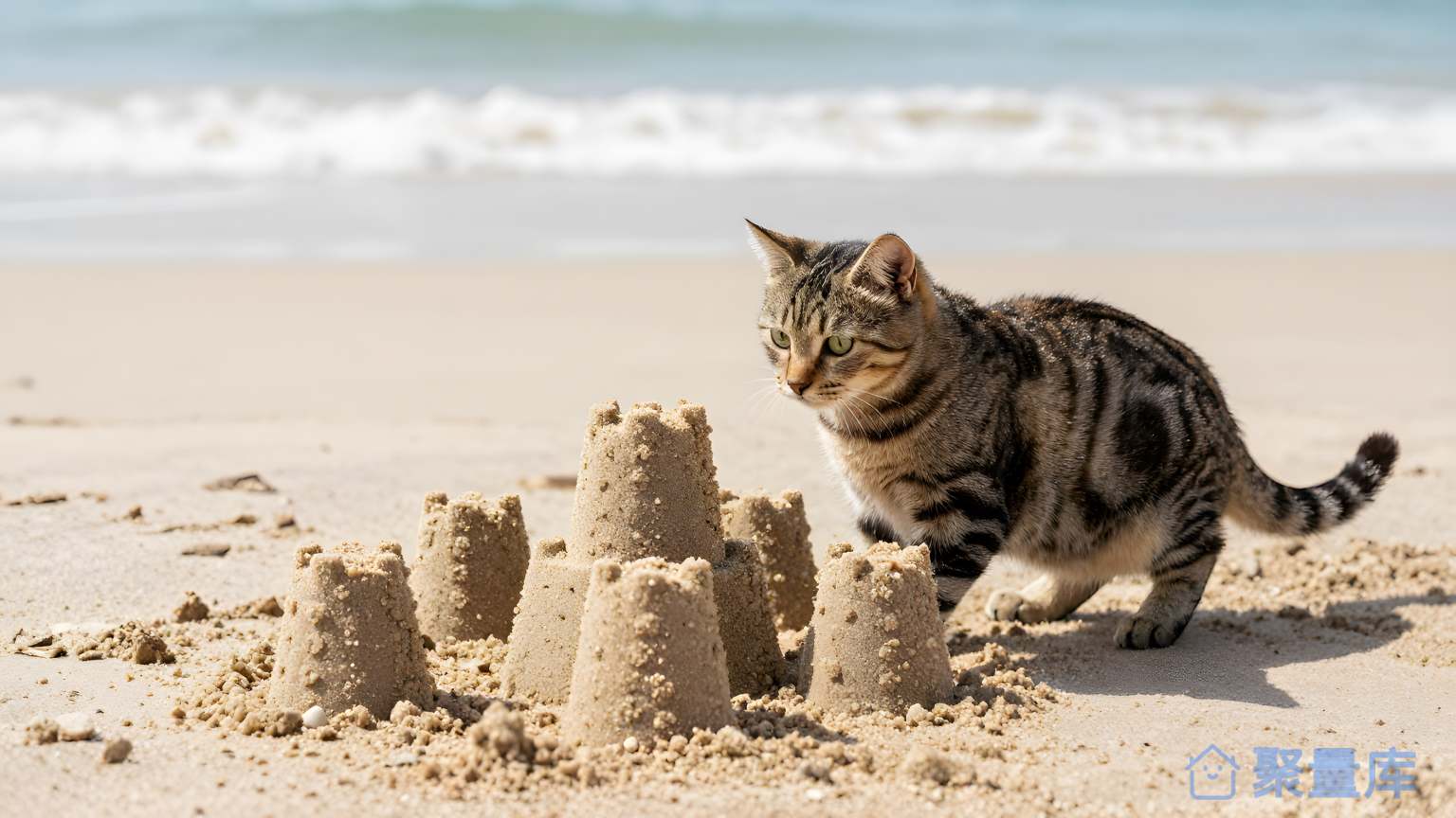 小猫在沙上玩耍