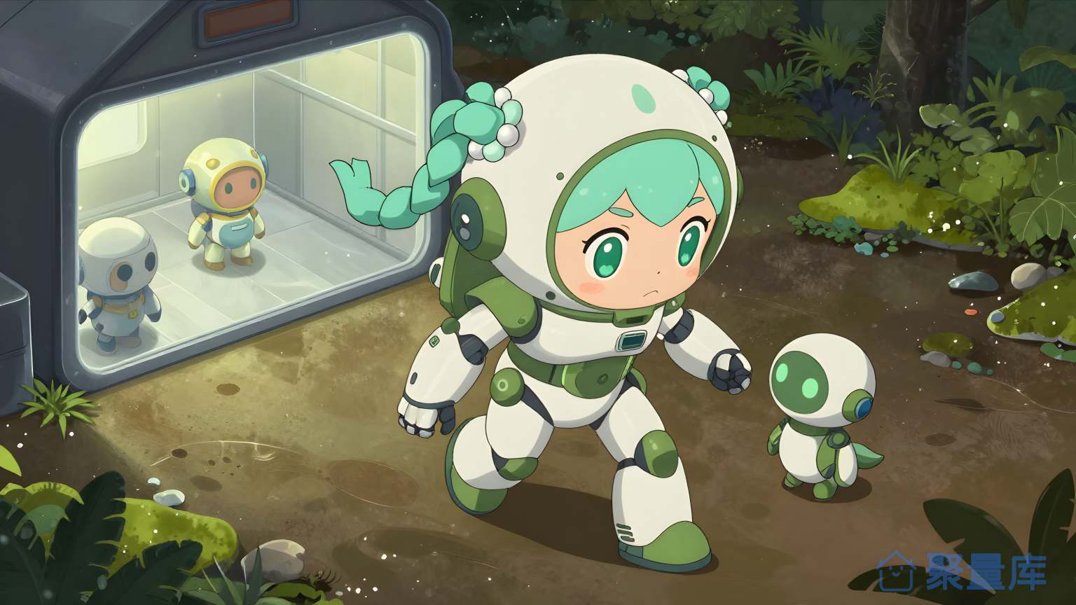 科幻小女孩和机器人在森林里