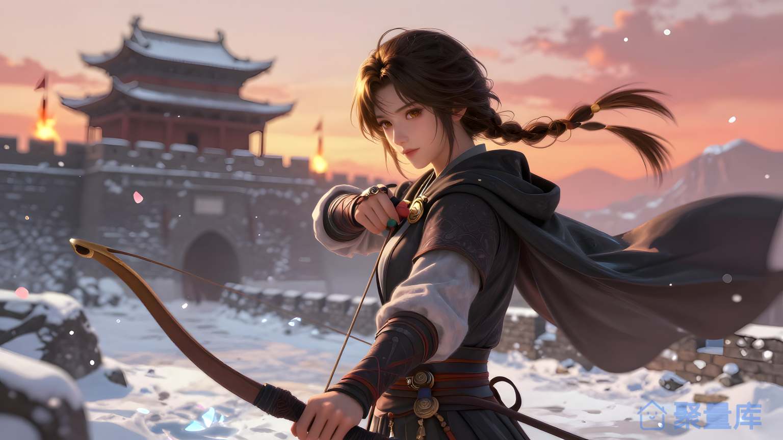 女猎人在雪山前进
