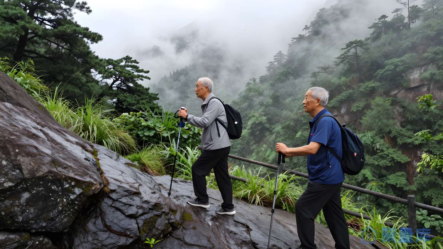 两人在山间步行