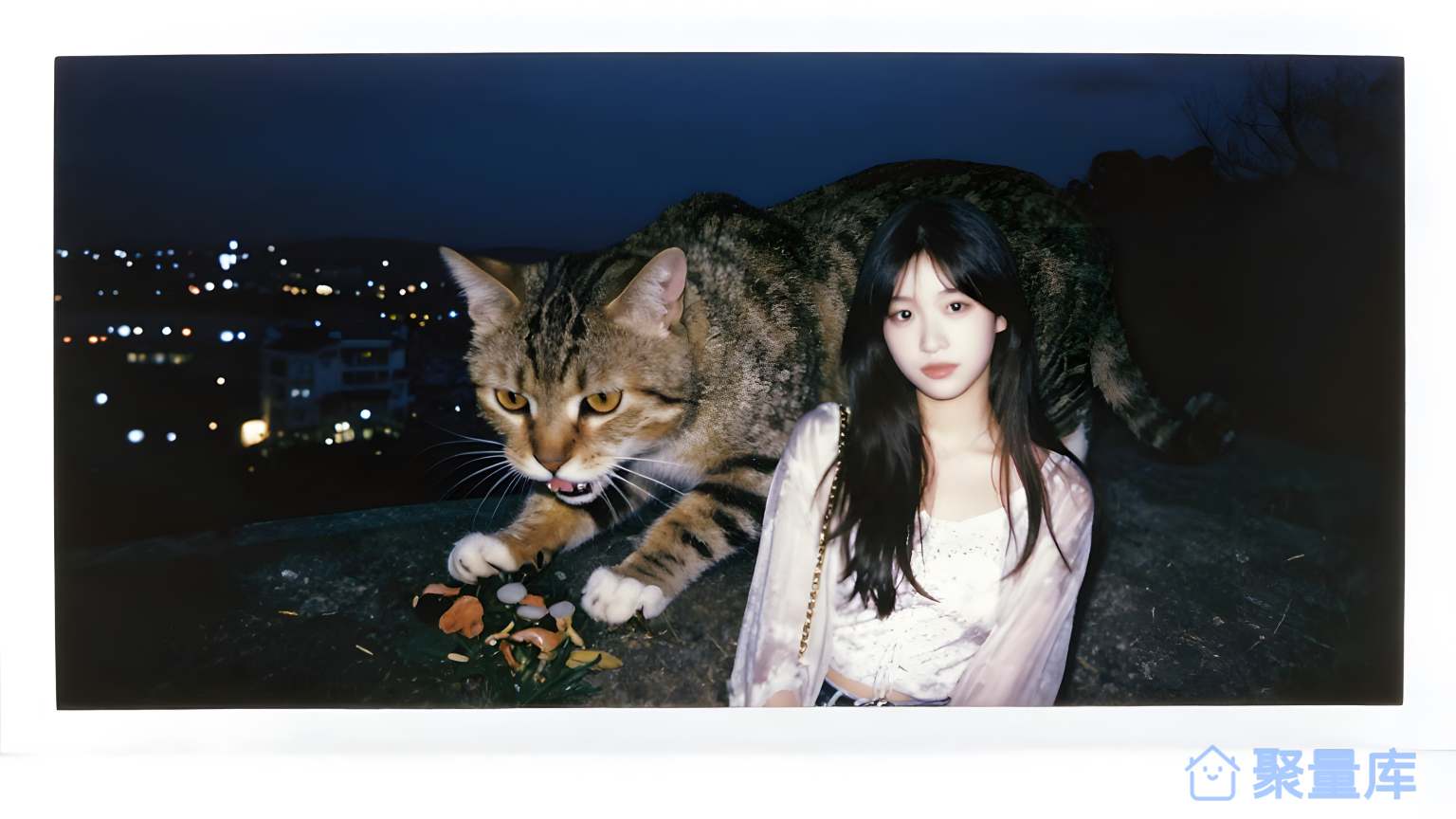 女子与猫在夜晚