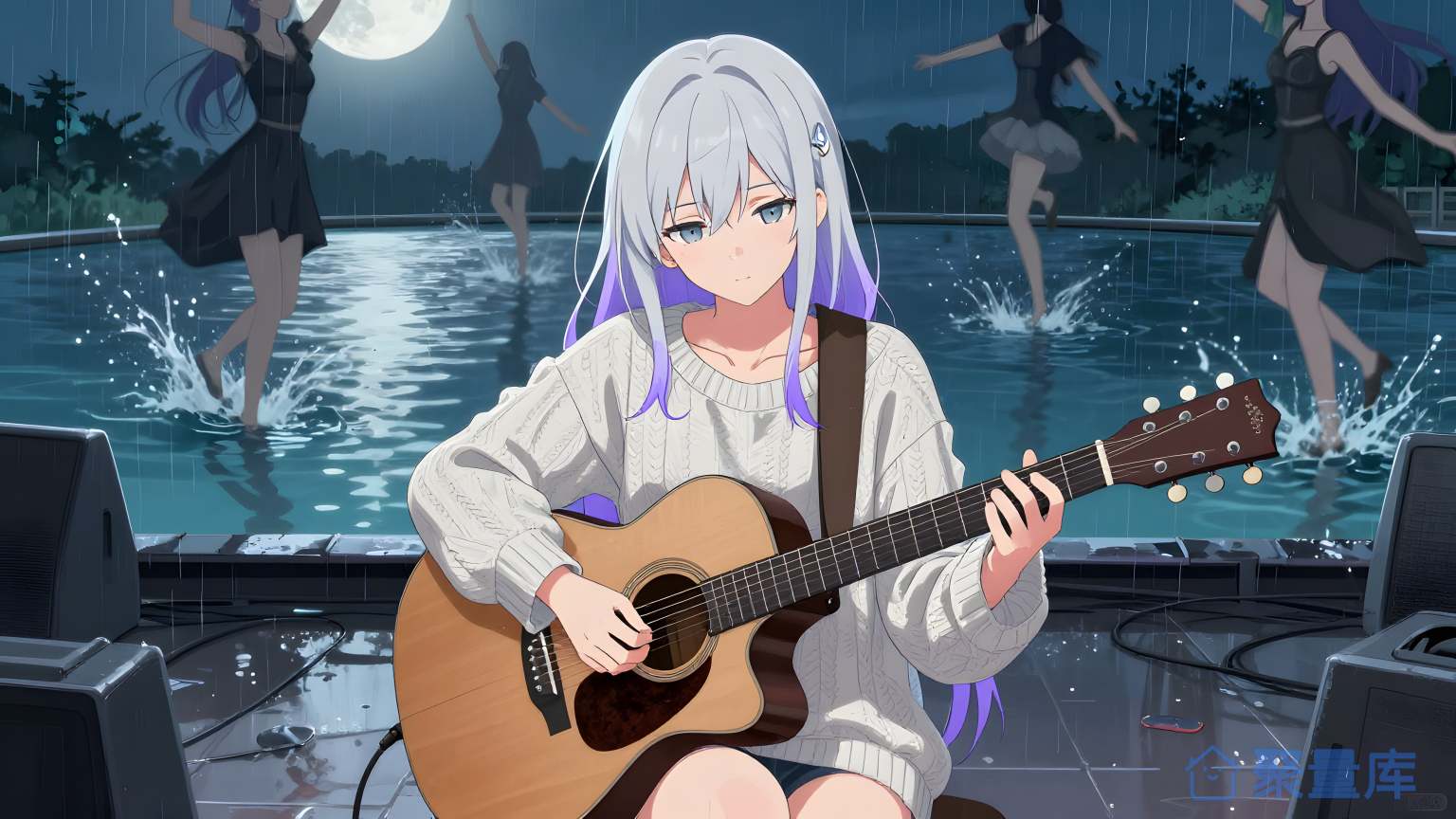 女歌手在雨下演唱