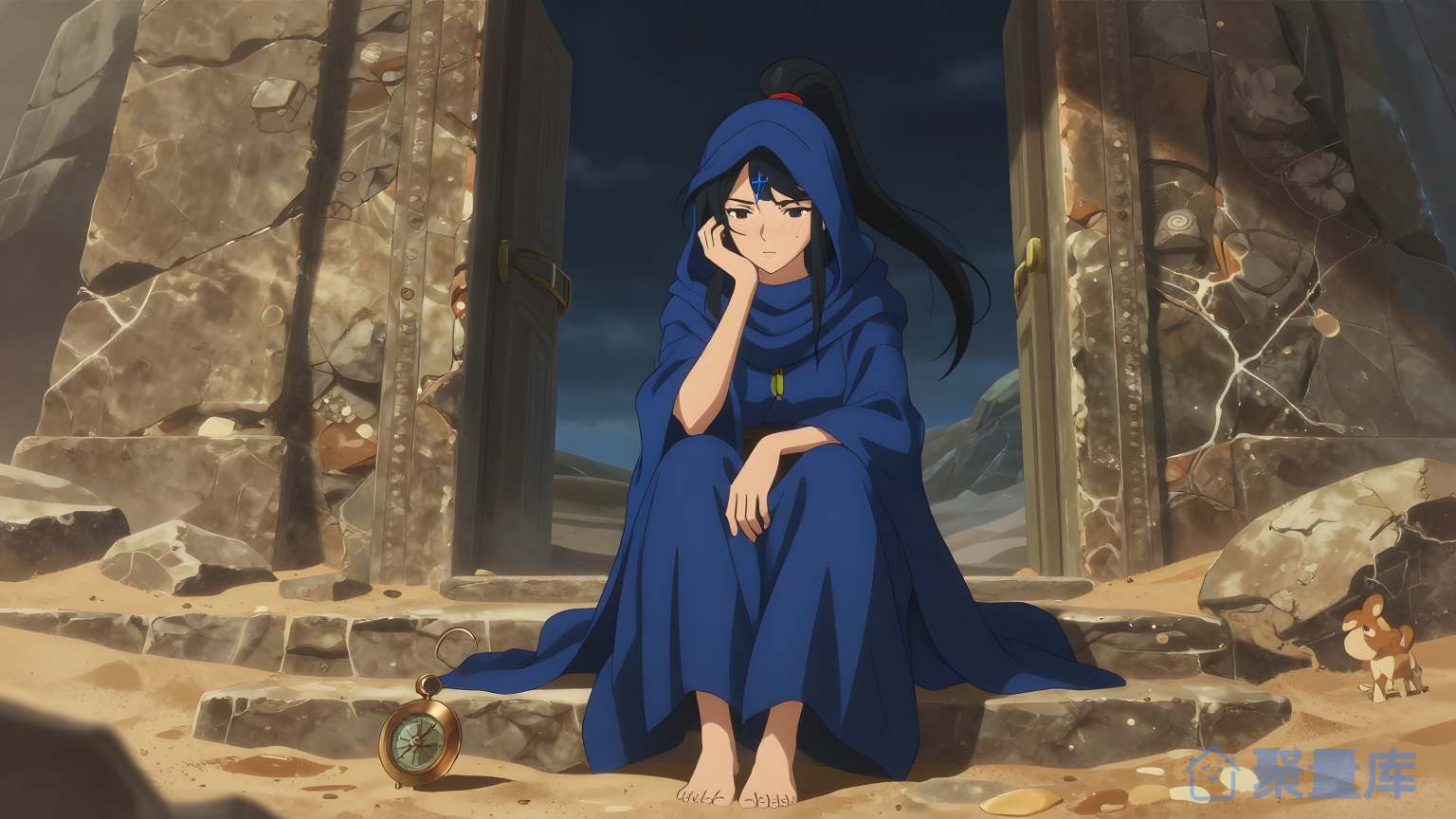 女性穿蓝色服装坐在石门前