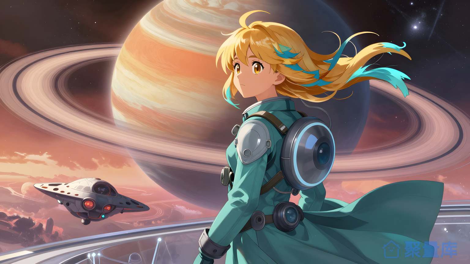 科幻女性在太空中飞行