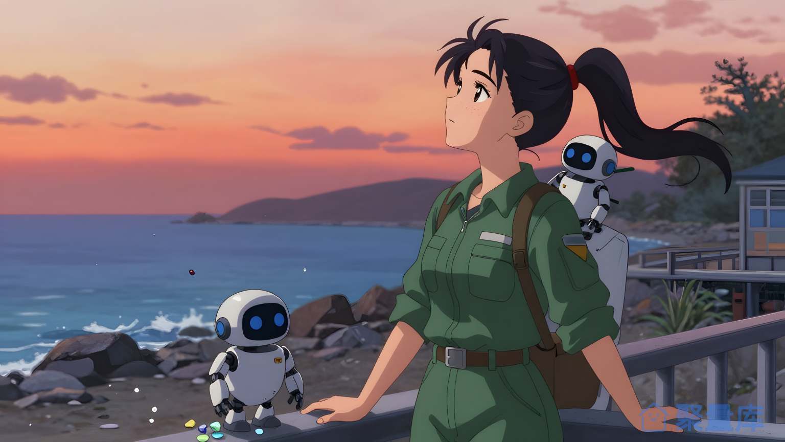 女性在海边看日出