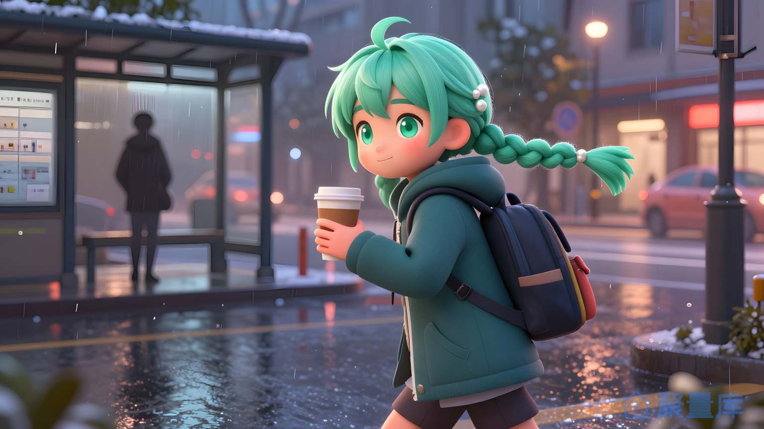 小学生在雨天下班