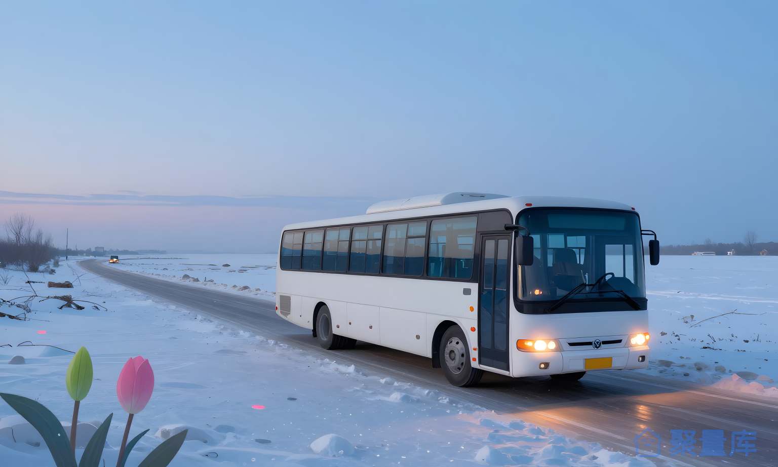 旅游公交车在雪地上行