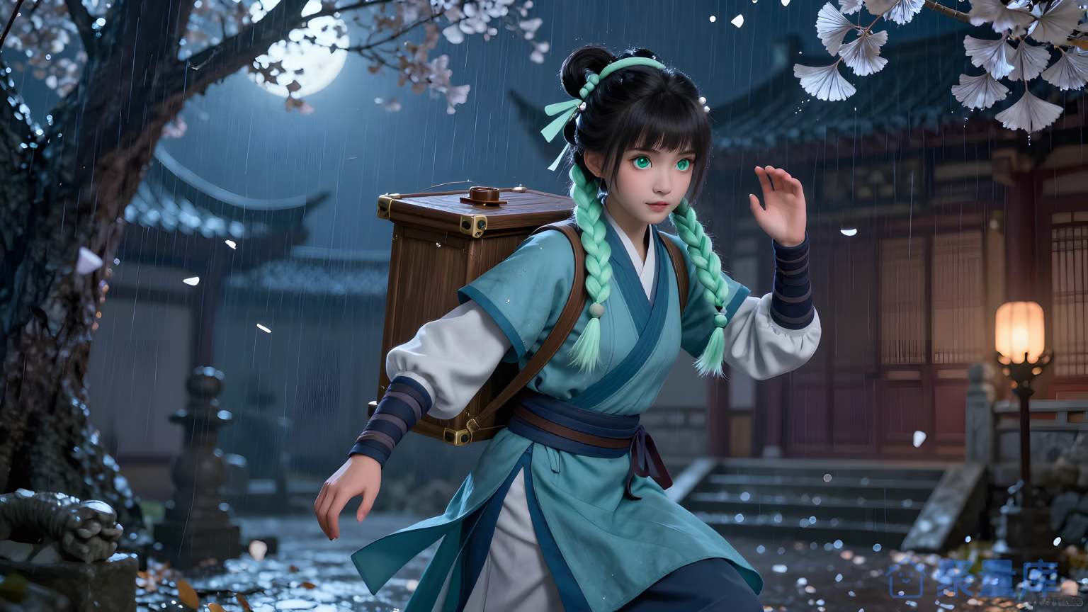 女武士在古代风格的街道