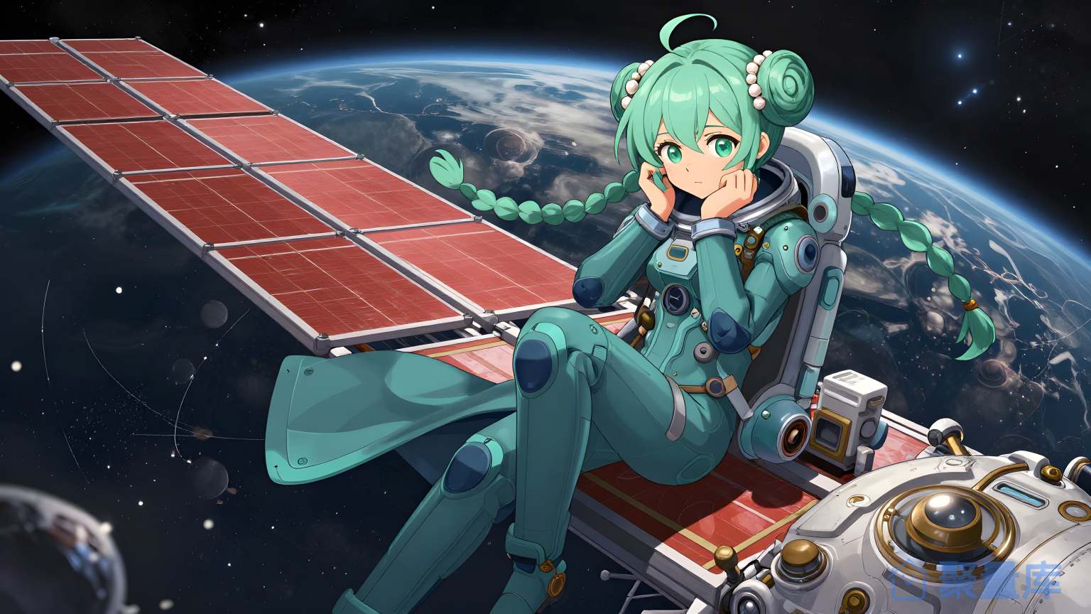 科幻女性在太空飞行器上坐