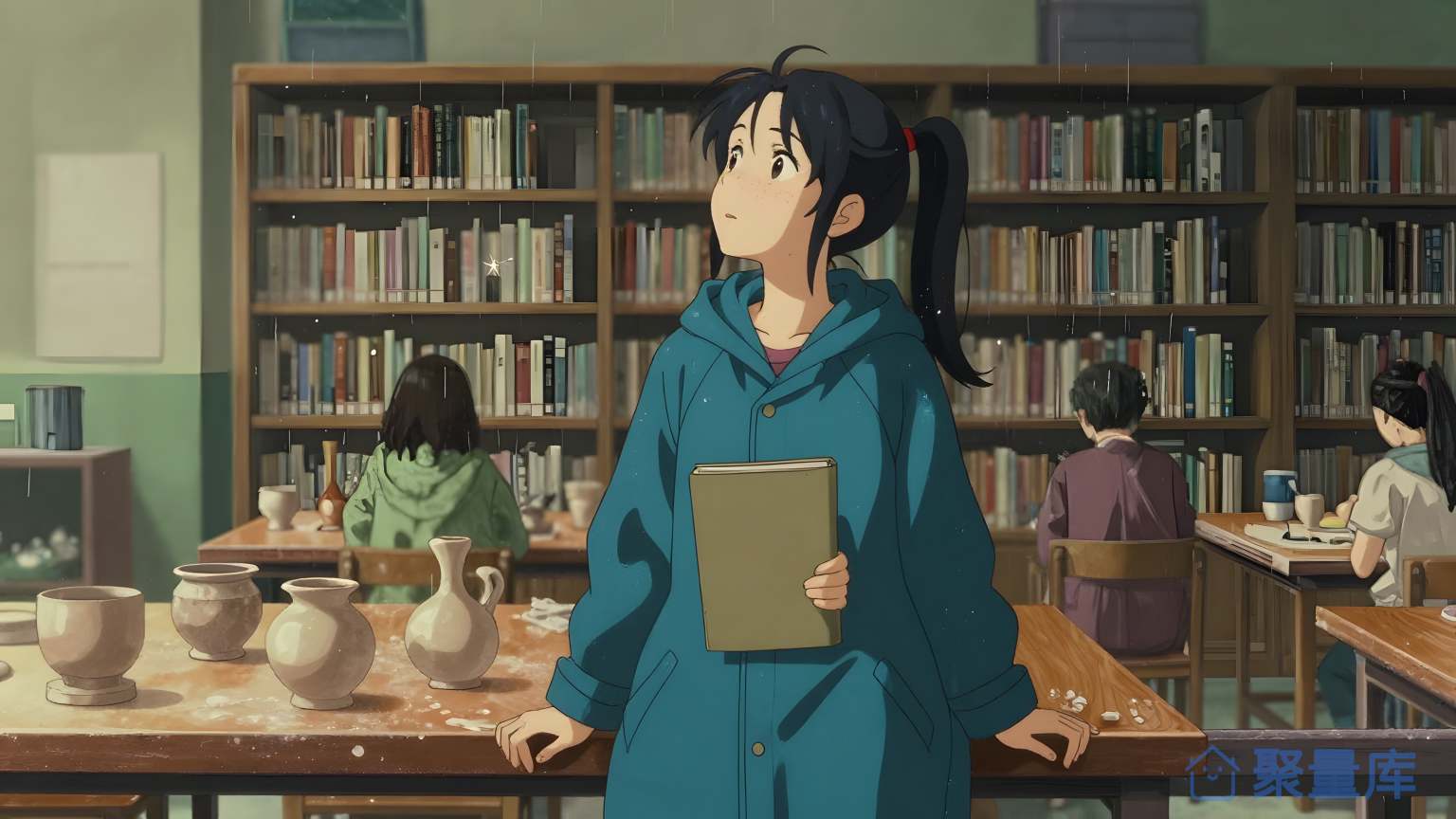 女孩在图书馆里看书