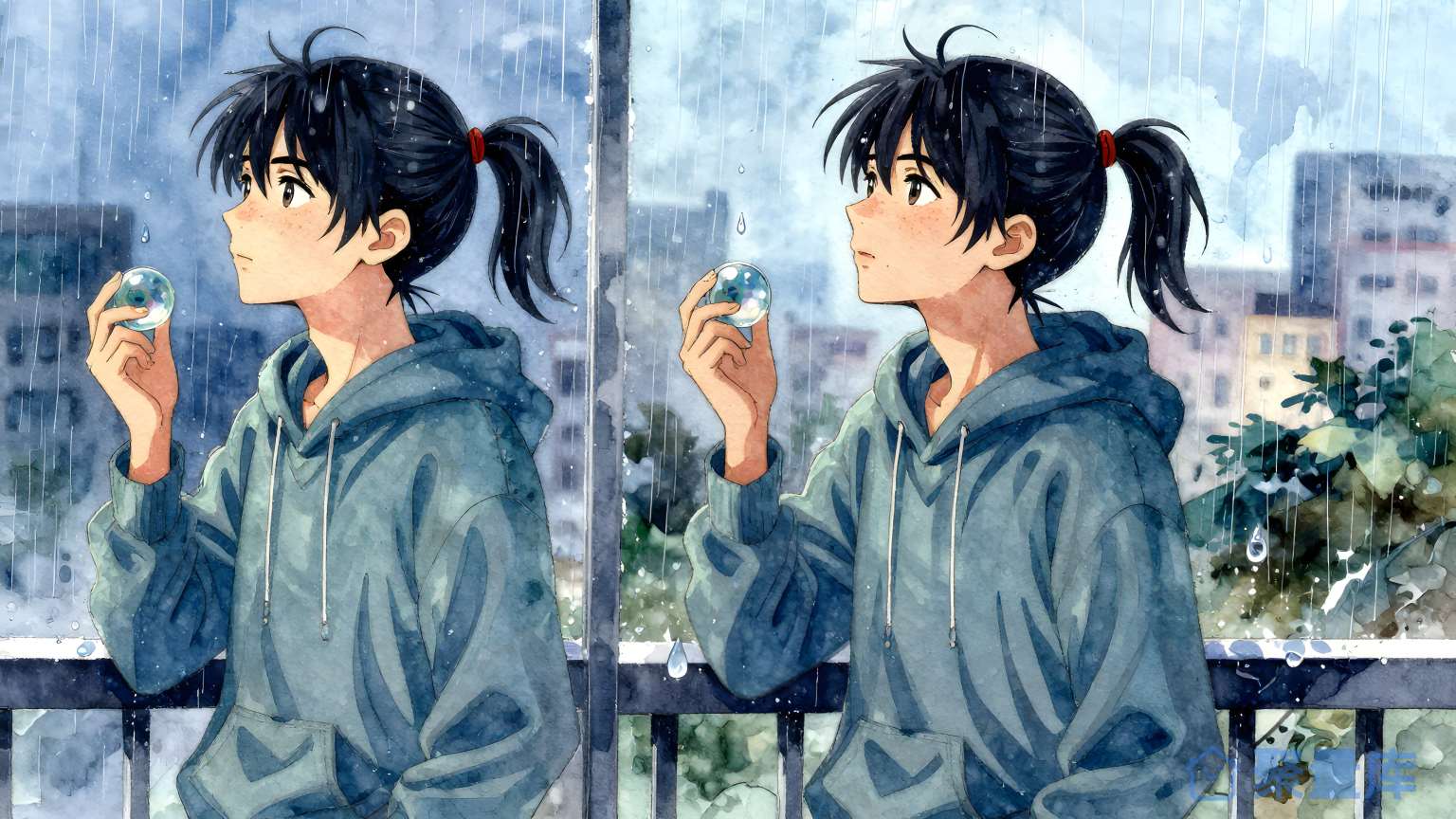 女孩在雨天看球
