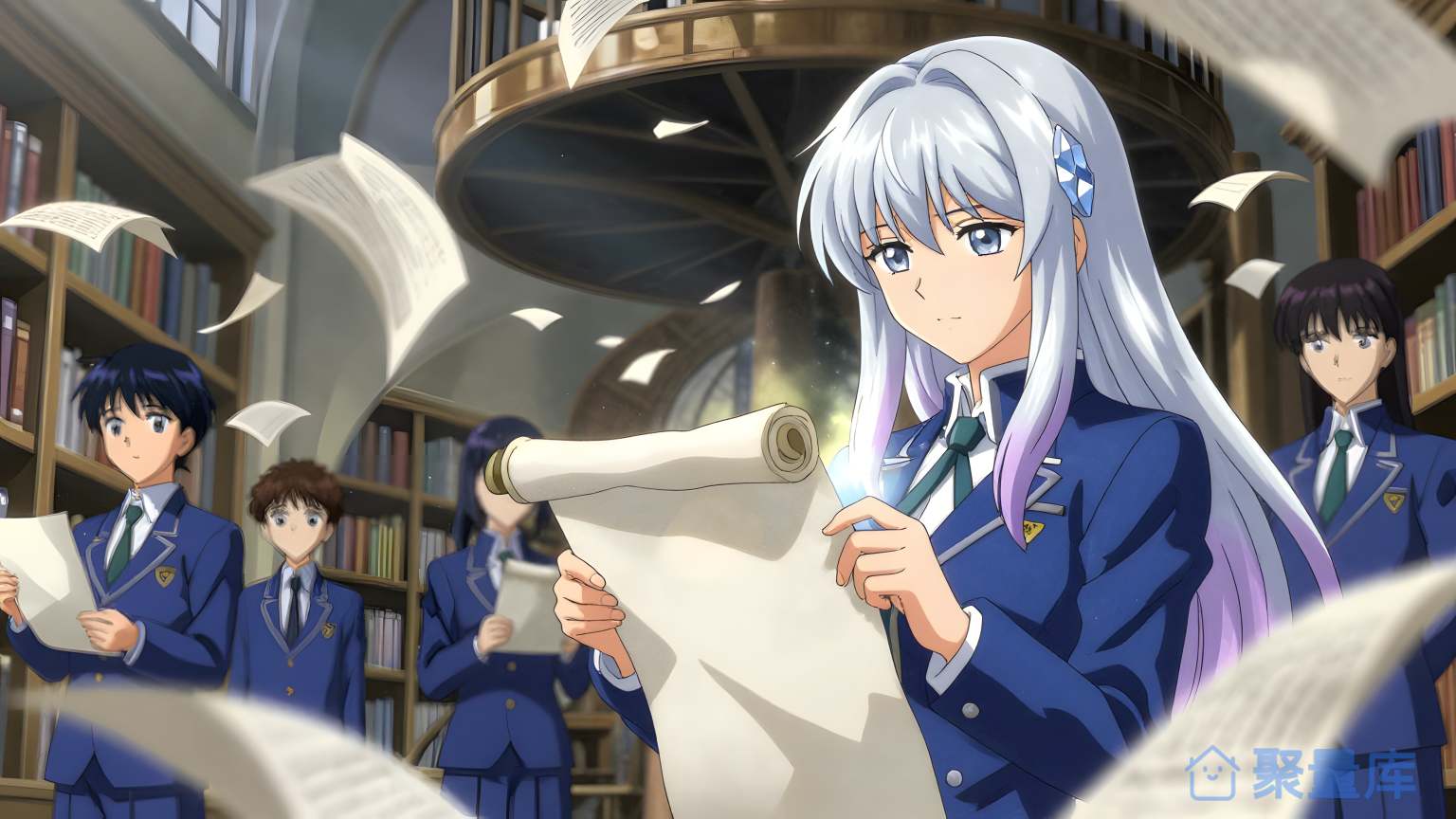 学生女子在图书馆里看书