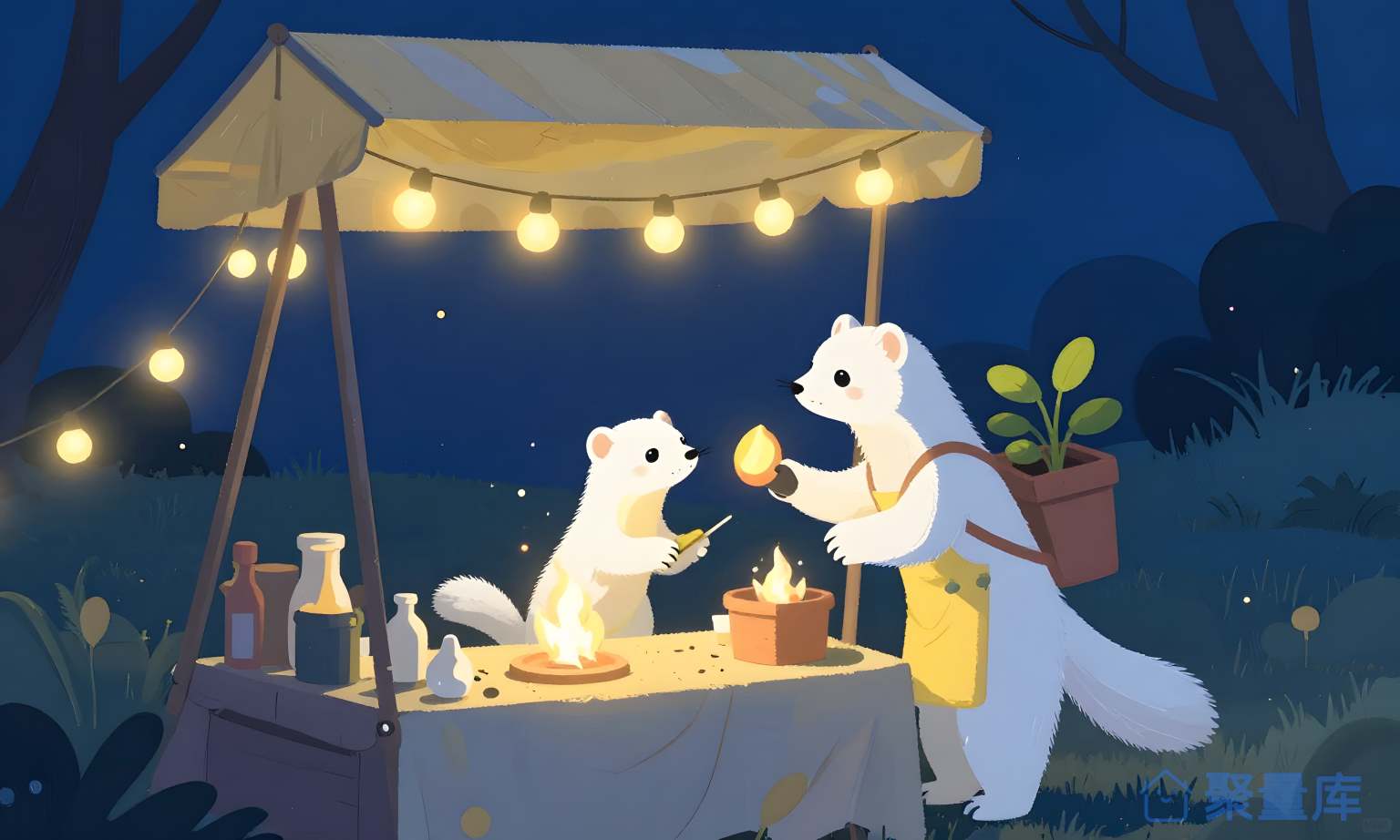 夜晚小狐和人在露营
