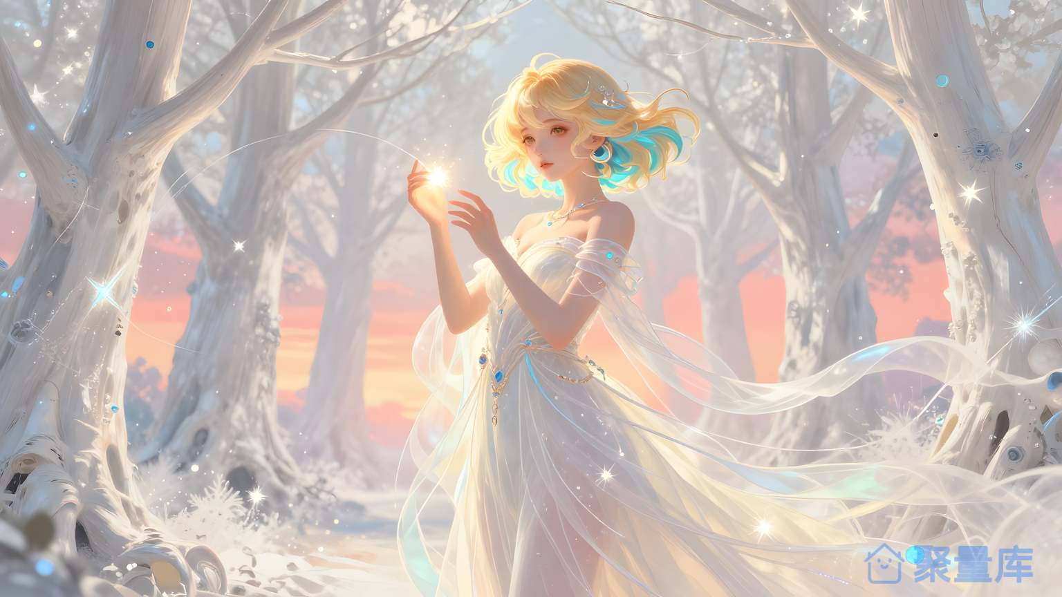 女性在雪景中穿着白色的衣服和蓝色的头部饰饰