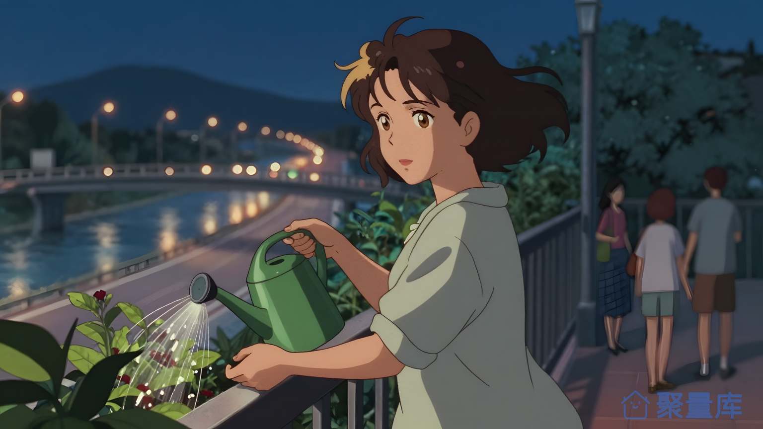 女孩在夜晚洗花盆
