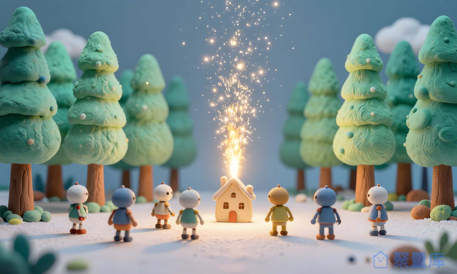 纯白色的雪人在树林前方发光