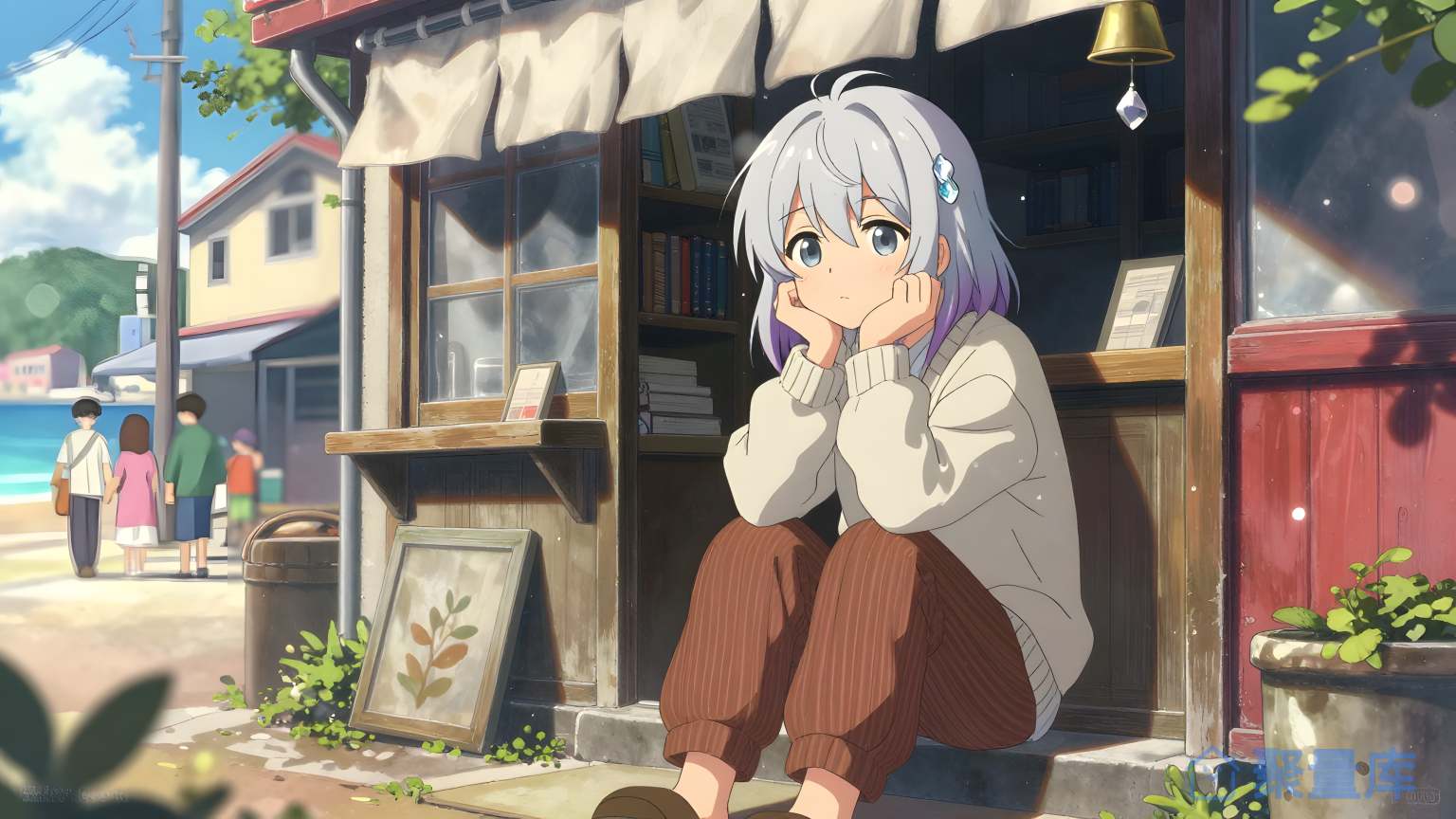 美少女在村庄前摇头